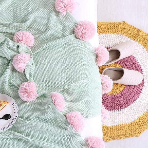 colorful plush ball knitting wool blanket soft warm home decor blanket shawl bed cover air condition quilt